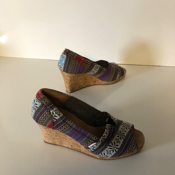 Toms Open Toe Canvas Shoes Womens Size 9W Cork Heel Hippie Boho Colorful Wedge - Picture 5 of 8